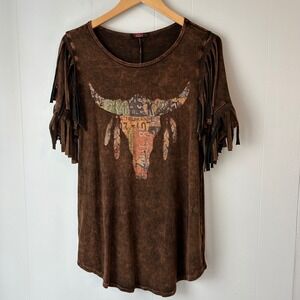 T Party Womens Brown Acid Wash Long Sleeve Fringed Bull Skull Graphic Top L